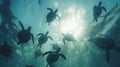 A group of turtles swimming in the water under a blue sky, AI Royalty Free Stock Photo