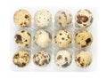 Fresh quail eggs in plastic egg carton, from above, over white Royalty Free Stock Photo