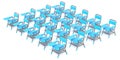 Group of twenty blue student chairs 3D render orthographic