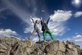 Group of two happy female climbers that are just Royalty Free Stock Photo