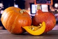 Fresh red kuri pumpkin hokkaido with restaurant