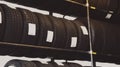 Group of tyres lying on shelves