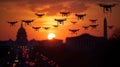 Group of UAV Unmanned Aircraft Drones Flying Near The United States Capitol At Sunset