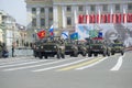 The group on the UAZ-469 opens the passage of military equipment. Rehearsal of the Victory parade in St. Petersburg