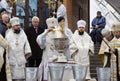 Group of Ukrainian Orthodox Church priests conducting ceremony of Great Blessing Of Water on Epiphany