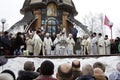 Group of Ukrainian Orthodox Church priests conducting ceremony of Great Blessing Of Water on Epiphany