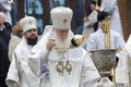 Group of Ukrainian Orthodox Church priests conducting ceremony of Great Blessing Of Water on Epiphany