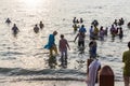 RAMESWARAM, RAMESHWARAM, PAMBAN ISLAND, TAMIL NADU, INDIA - March circa, 2018. Group of unidentified Indian pilgrims devotees wome