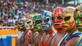 Group of unidentified people with Lucha Libre wrestling masks at the annual stadium. Generative AI