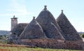 Group of unique dry stone trulli houses in the countryside outside the town of Alberobello in Puglia, southern Italy