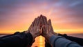 Group unity celebration: diverse hands joined at sunset Royalty Free Stock Photo