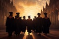 Group of university graduates, distinct silhouettes in graduation ceremony backdrop