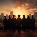 Group of university graduates, distinct silhouettes in graduation ceremony backdrop