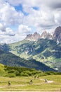 A group of unrecognizable young mountain bikers ride downhill in the Italian Dolomites Royalty Free Stock Photo