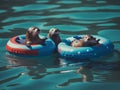 A group of USA patriotic otters floating in a pool of water on inflatable laps with US flag on Independence Day