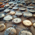Group of used old pocket watches on the showcase at sunday flea market