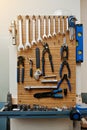 Group of used tools on wood deck, toolkit Royalty Free Stock Photo