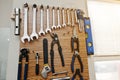 Group of used tools on wood deck, toolkit Royalty Free Stock Photo