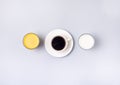 Group Useful Colorful Beverages Drink Coffee Orange Juice Milk Flat Lay Still Life Table Top View Blue Background Minumal