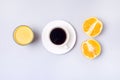Group Useful Colorful Beverages Drink Coffee Orange Juice Ripe Oranges Flat Lay Still Life Table Top View Blue Background Minumal