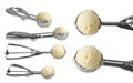 Group of vanilla ice cream and metal ice cream scoop on white background Royalty Free Stock Photo