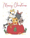 Group of variety breeds of cute naughty kitten cat Christmas in red Santa sack bag, Meowy Christmas, adorable joyful cartoon