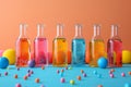 Assorted Bottles Filled With Different Colored Liquid. Generative AI Royalty Free Stock Photo