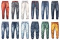 Group of various colored jeans on a plain white backdrop. Ideal for fashion or clothing concepts Royalty Free Stock Photo