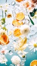 a group of various flowers suspended in a body of water floating near spiced oranges