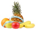 Group of various fruit wrapped in centimeter tape Royalty Free Stock Photo