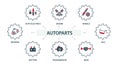 A group of vector images, icons and logos with car parts, batteries, transmission, electrical equipment, engines and other special Royalty Free Stock Photo