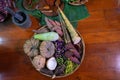 Group of vegetable with bamboo shoots, sweet potato, pumpkin, banana flower, coconut, eggplant, taro, sesbania flower, taro, red