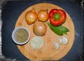 Group Of Vegetables Garlic,Pepper,onions,Snow Peas,Dried Mixed Herbs Up Close Above View