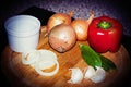 Group Of Vegetables Garlic,Pepper,onions,Snow Peas,Dried Mixed Herbs Up Close Above View