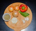 Group Of Vegetables Garlic,Pepper,onions,Snow Peas,Dried Mixed Herbs Up Close Above View