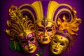 Group of venetian mardi gras mask or disguise on a colorful bright background. Neural network generated art