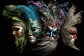 A group of venetian, mardi gras mask or disguise on a dark background.