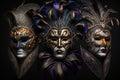 A group of venetian, mardi gras mask or disguise on a dark background. Generative Ai