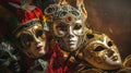 A group of venetian, mardi gras mask or disguise on a dark background. Generative AI