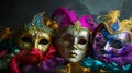 A group of venetian, mardi gras mask or disguise on a dark background. Generative AI