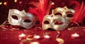 A group of Venetian or Mardi Gras masks on a dark, glittery surface with a bokeh light effect in the background.