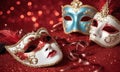 A group of Venetian or Mardi Gras masks on a dark, glittery surface with a bokeh light effect in the background. Royalty Free Stock Photo