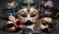 Group of Venetian masks on dark background. Carnival concept.