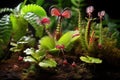 group of venus flytraps with variety of captured insects