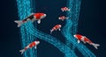 Koi fish swimming through abstract digital streams of binary code, technology and nature concept Royalty Free Stock Photo
