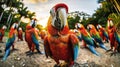 A group of vibrant parrots perched on a dirt field Royalty Free Stock Photo