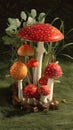 Group of Vibrant Toadstools Displaying Bright Red and Orange Caps with White Spots in a Grass Field Royalty Free Stock Photo