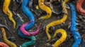 A group of vibrantcolored roundworms feasting on microscopic debris in a mud sample illustrating their role in soil