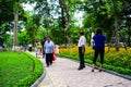 Group of Vietnamese seniors practice Tai Chi early in the morning on the bank of Hoan Kiem lake on september 1, 2015 in Hanoi.