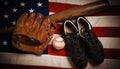 Vintage baseball gear on a American flag background